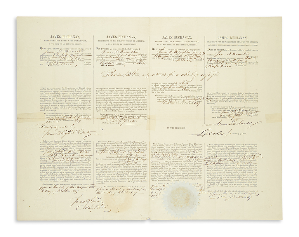 BUCHANAN, JAMES. Partly-printed Document Signed, as President, 4-langugage ships papers for the Ship Charles W. Morgan.